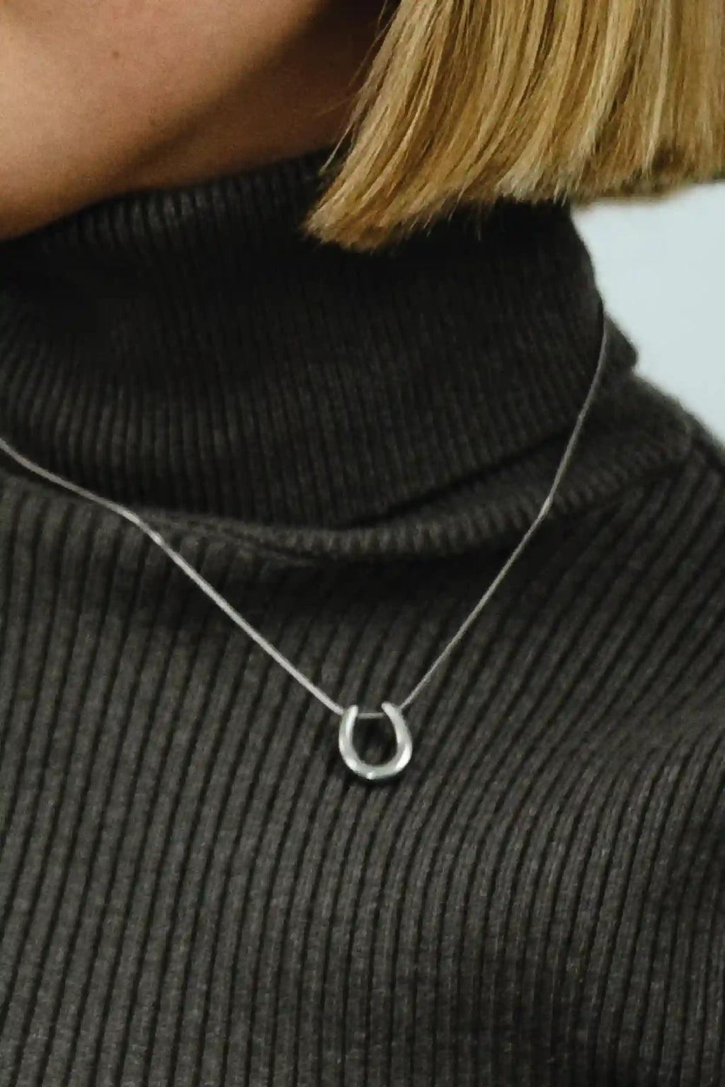 Person wearing a black turtleneck with a silver necklace featuring a horseshoe pendant.