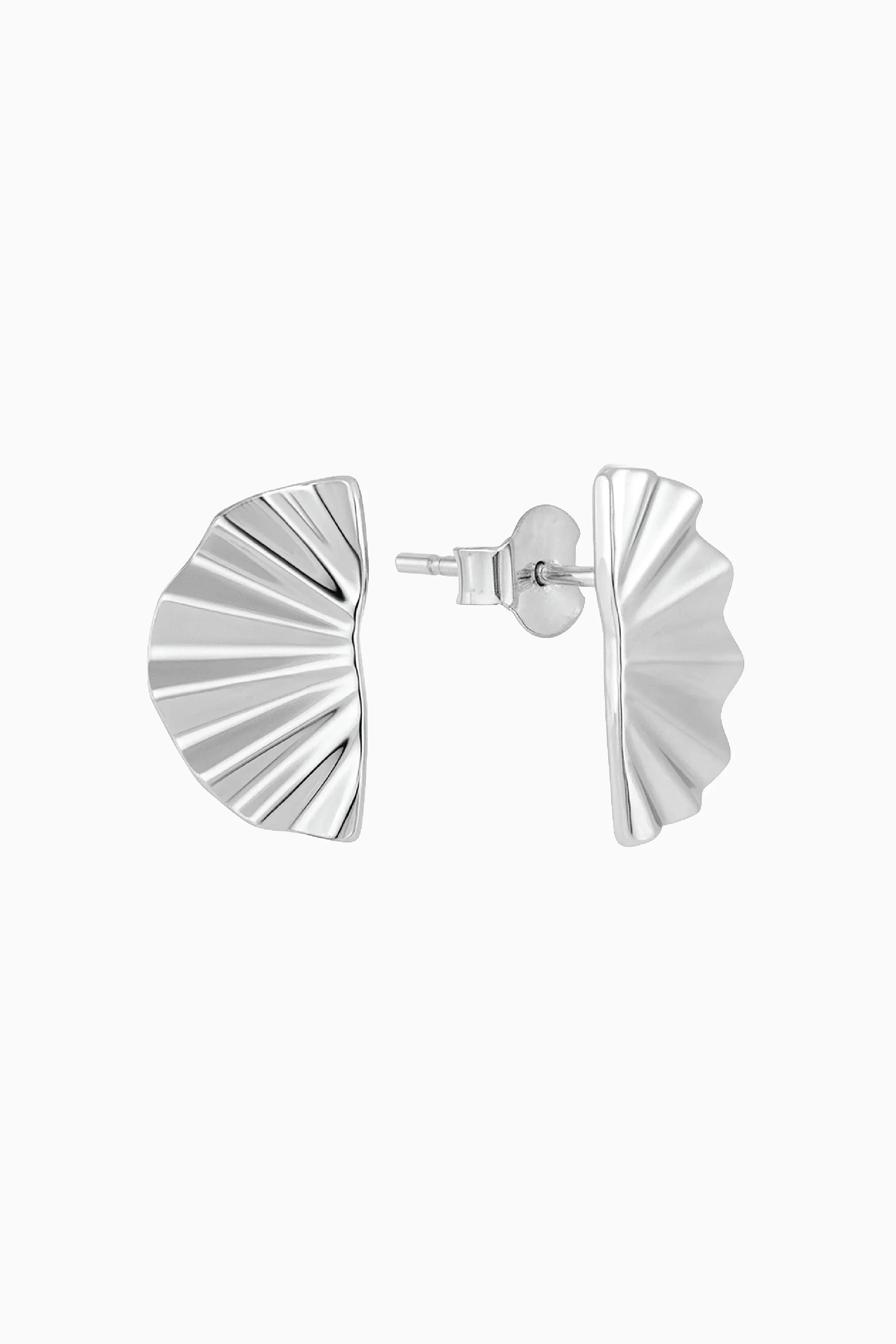 Silver fan-shaped earrings on a white background