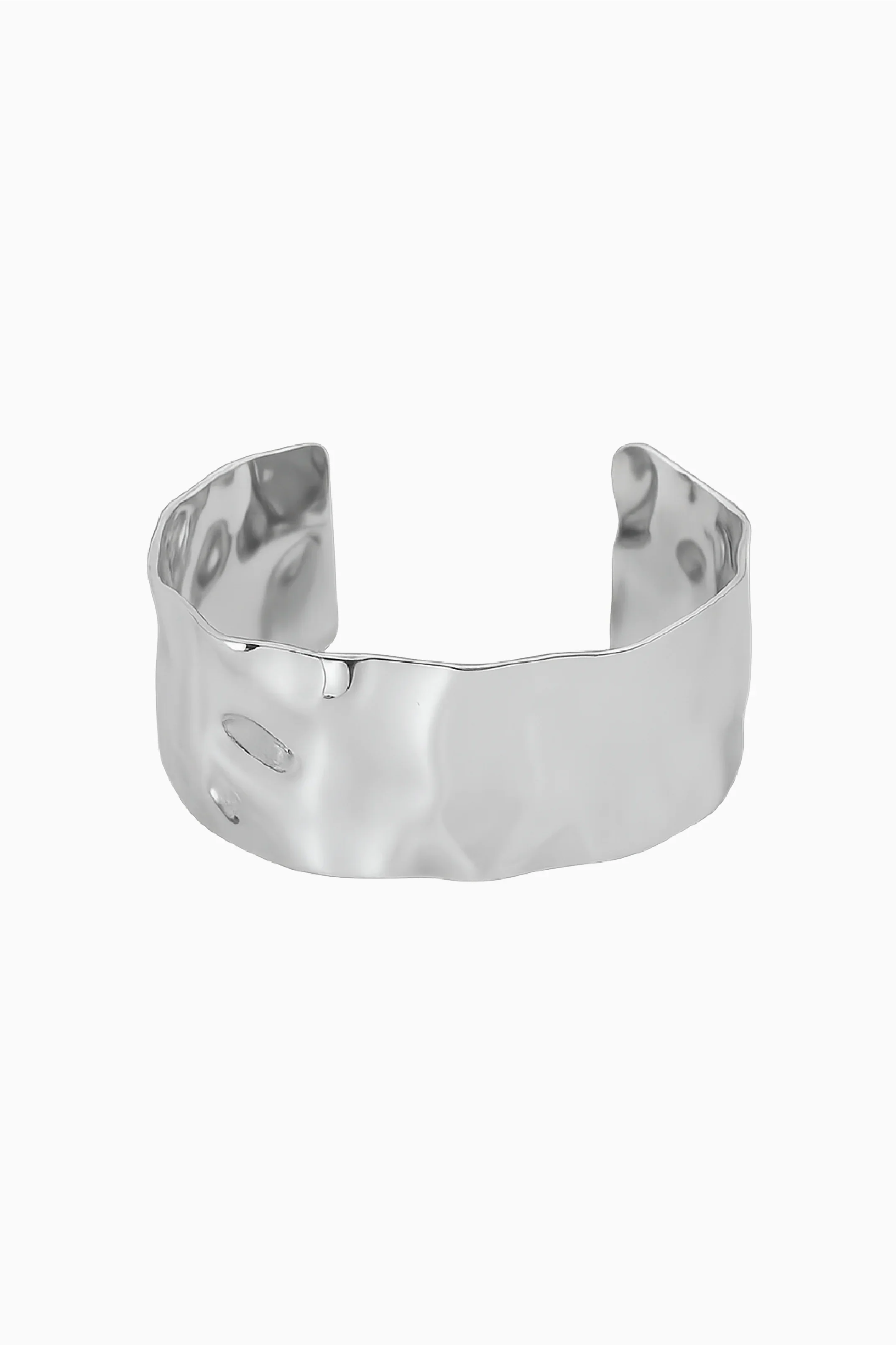 Silver cuff bracelet on a white background