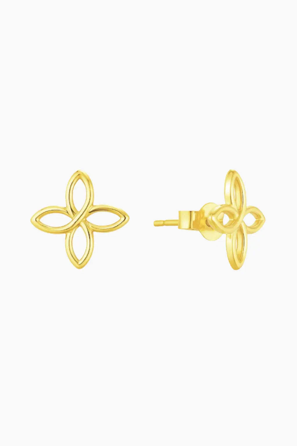 Gold earrings with a floral design on a white background