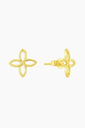 Gold earrings with a floral design on a white background