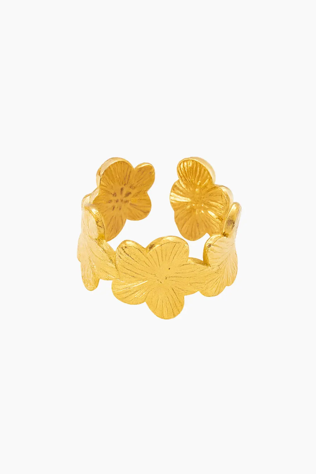 Gold floral ring on a white background