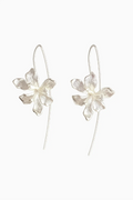 Silver floral earrings on a white background