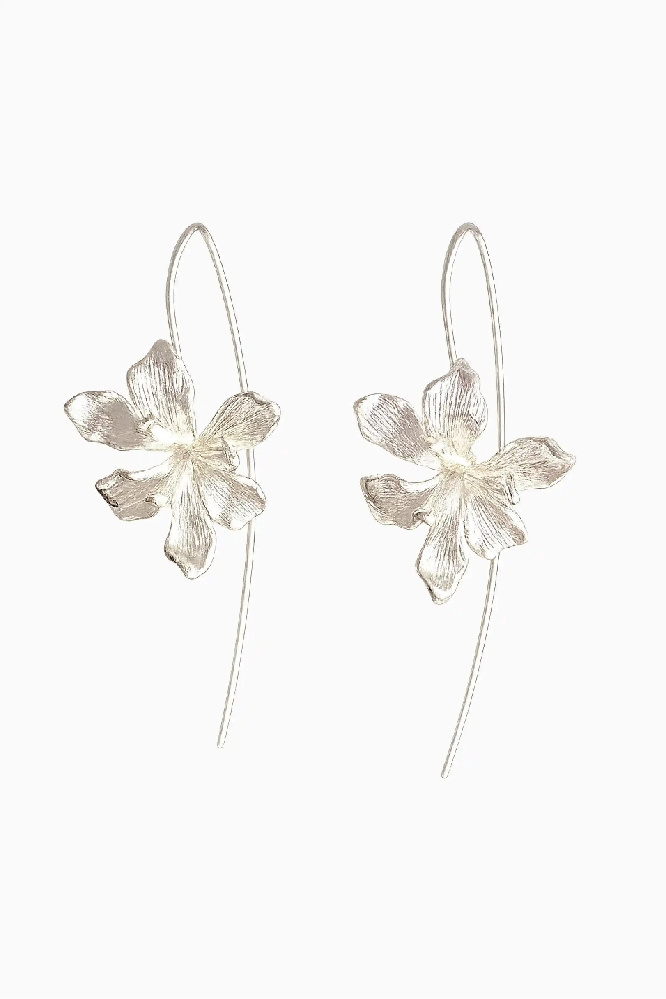 Silver floral earrings on a white background