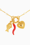 Gold necklace with fish, red chili pepper, and heart charms on a white background