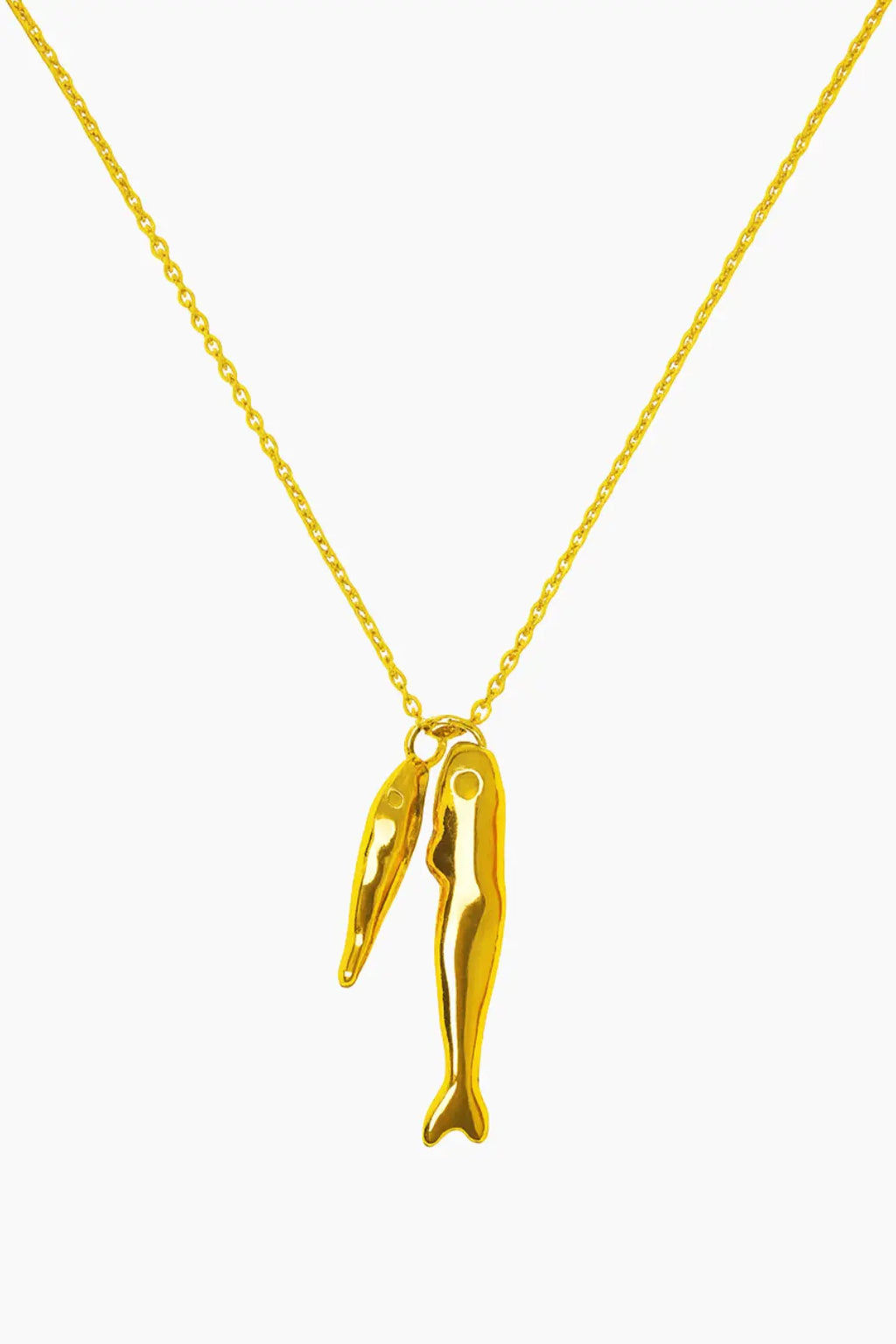 Gold necklace with a unique pendant on a white background