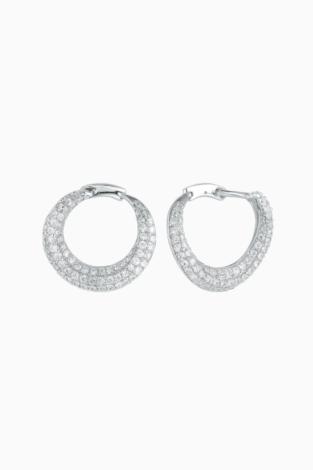 Pair of silver hoop earrings with clear gemstones on a white background