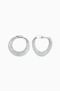 Pair of silver hoop earrings with clear gemstones on a white background