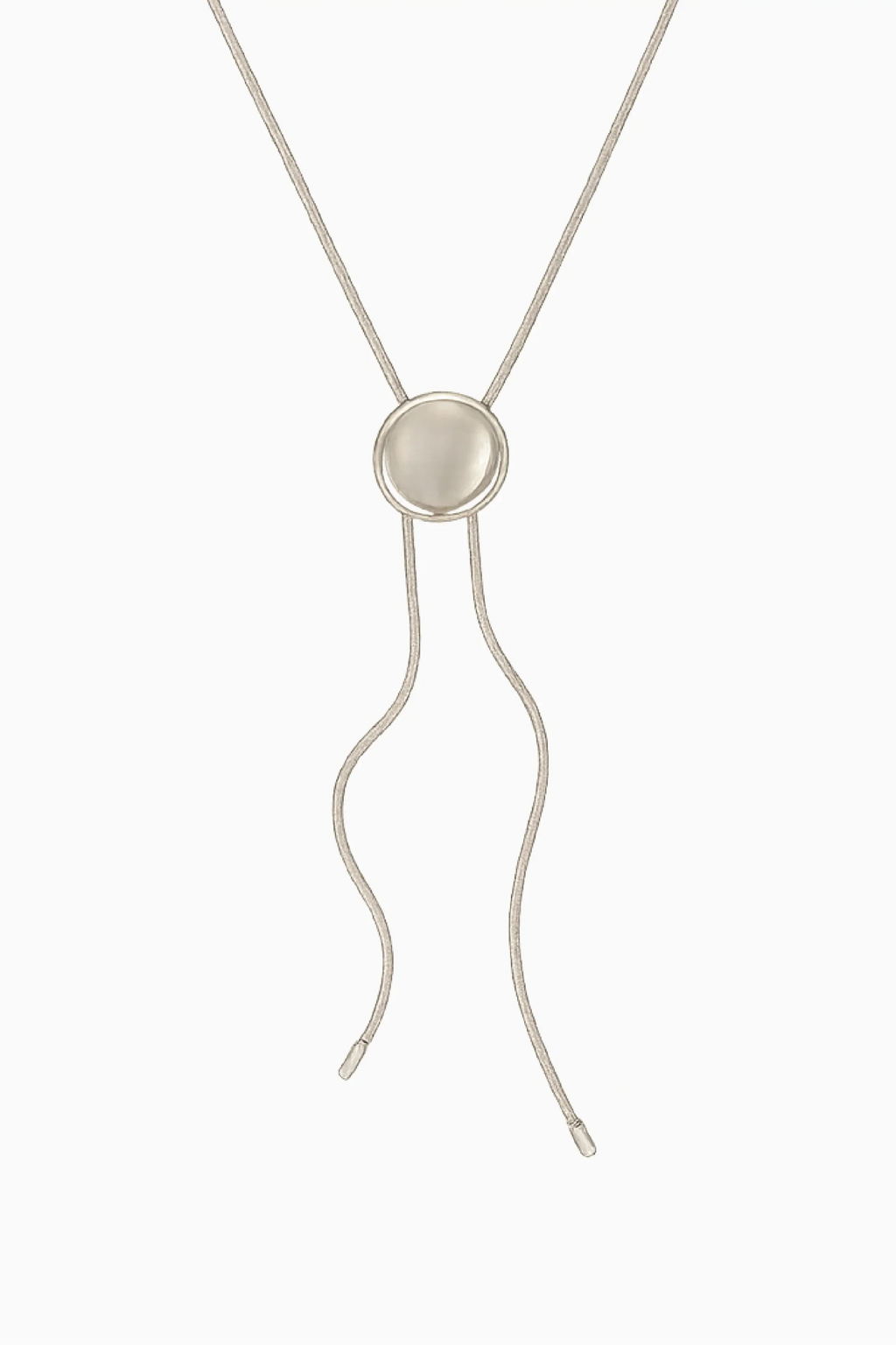 Silver necklace with a circular pendant on a white background