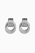 Pair of silver hoop earrings on a white background