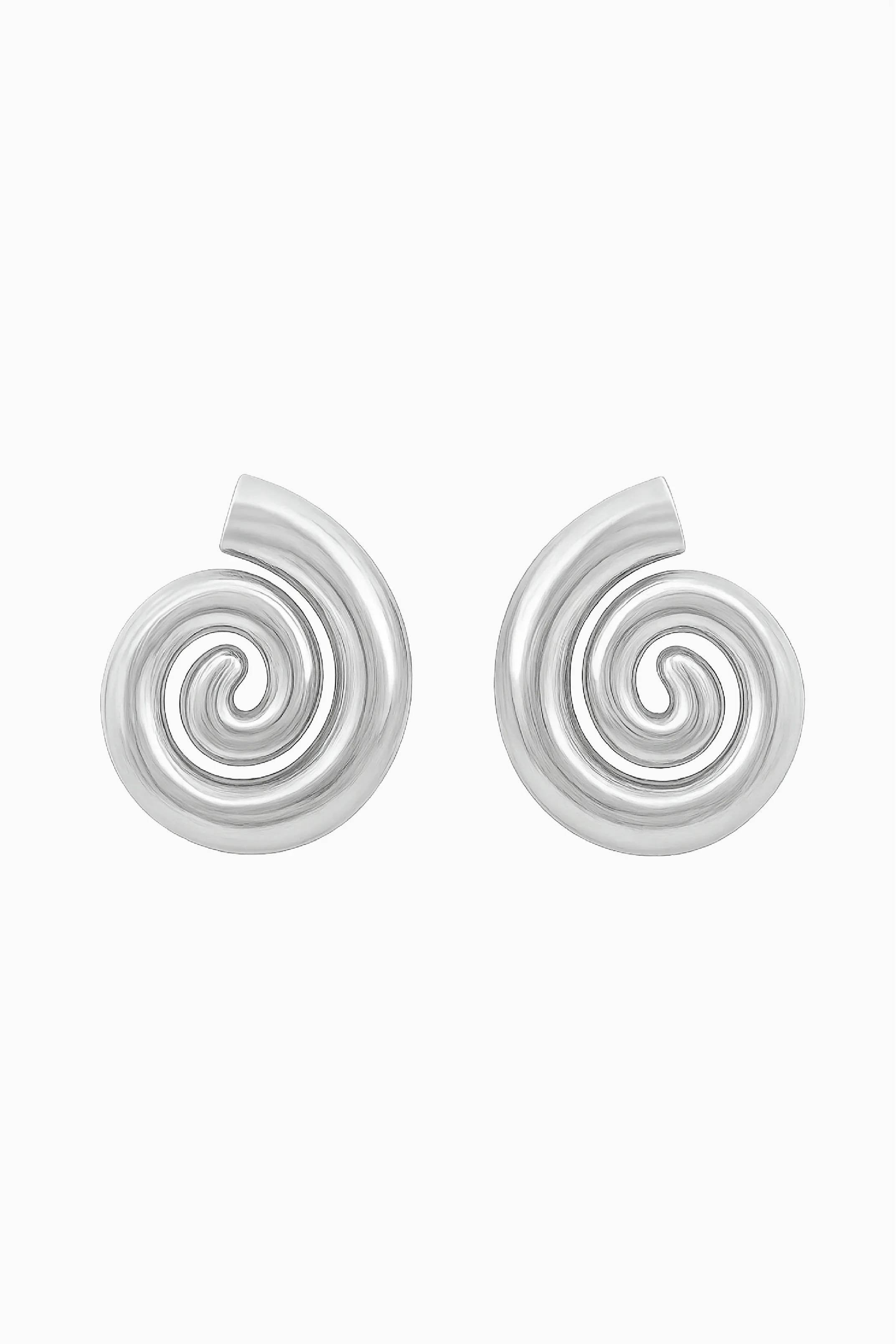 Pair of silver spiral earrings on a white background