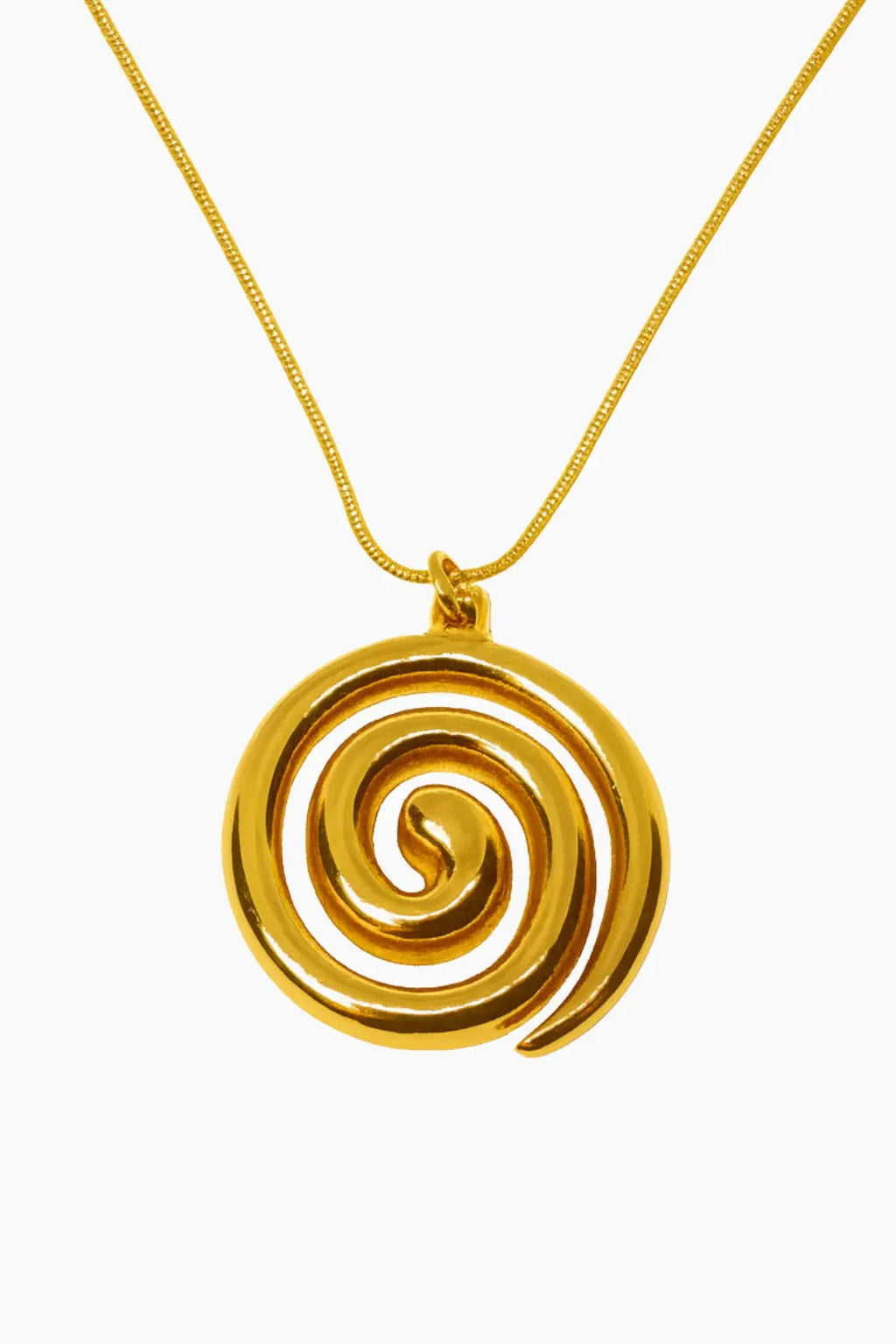 Gold spiral pendant on a gold chain against a white background