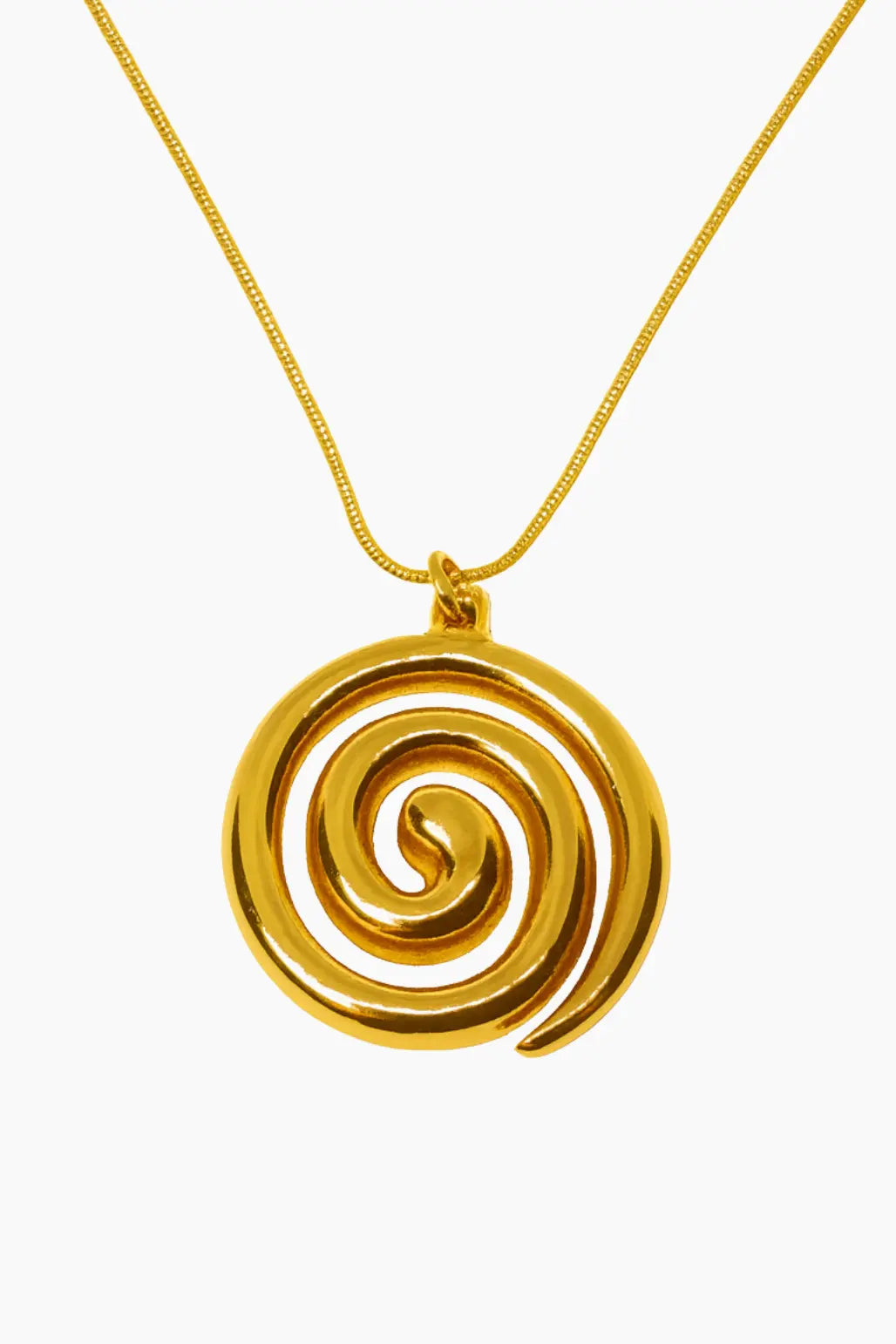 Gold spiral pendant on a gold chain against a white background